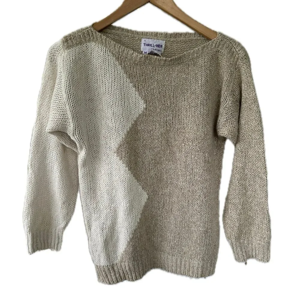Thrill-Her By Parmell Silk Rabbit Hair Boat Neck Pullover Geometric Sweater M